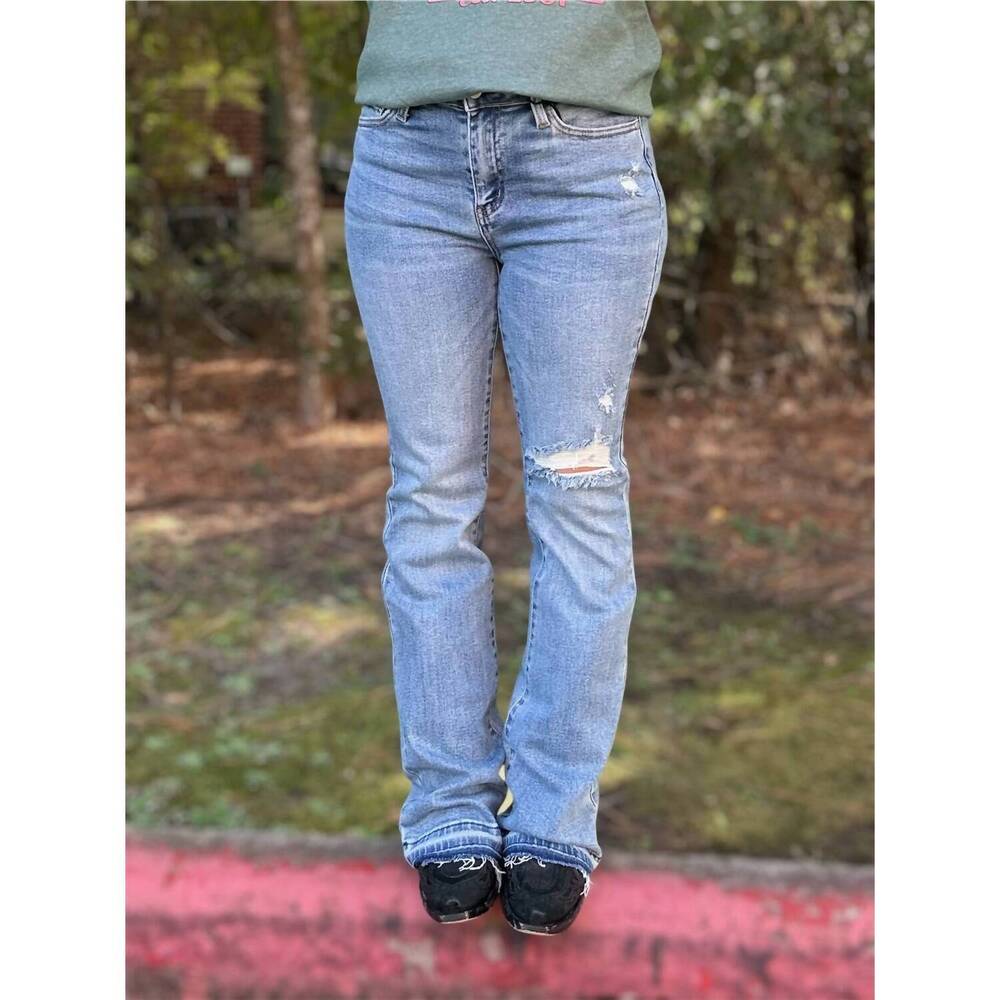 NEW JUDY BLUE mid rise destroy & released hem bootcut denim jean in light wash